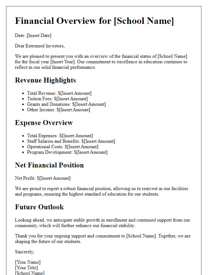 Letter template of financial overview for private school investors.