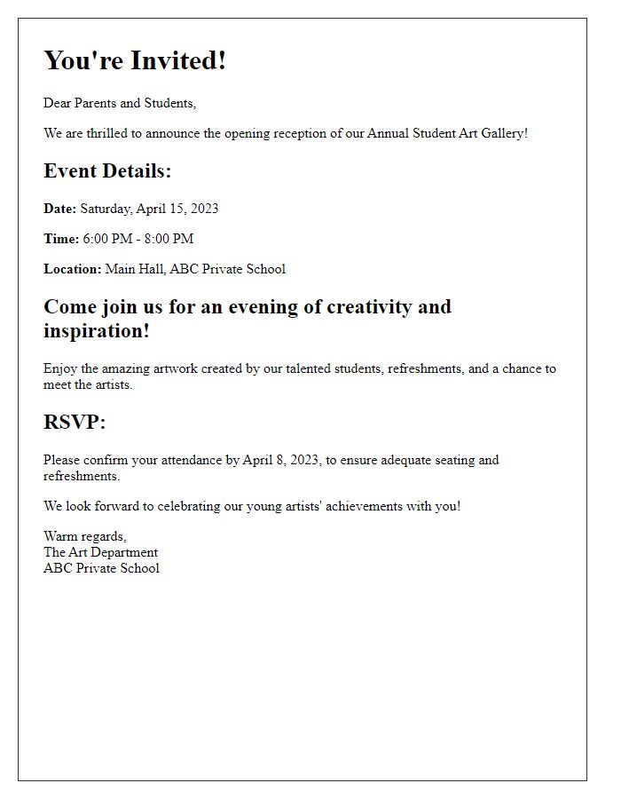 Letter template of event details for private school student art gallery opening reception.