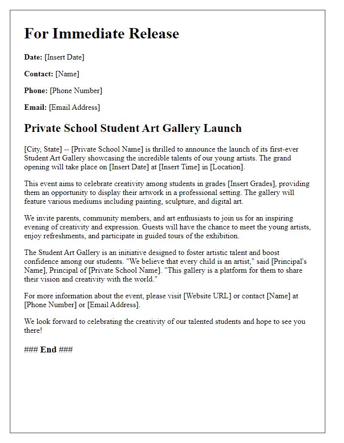 Letter template of press release for private school student art gallery launch.