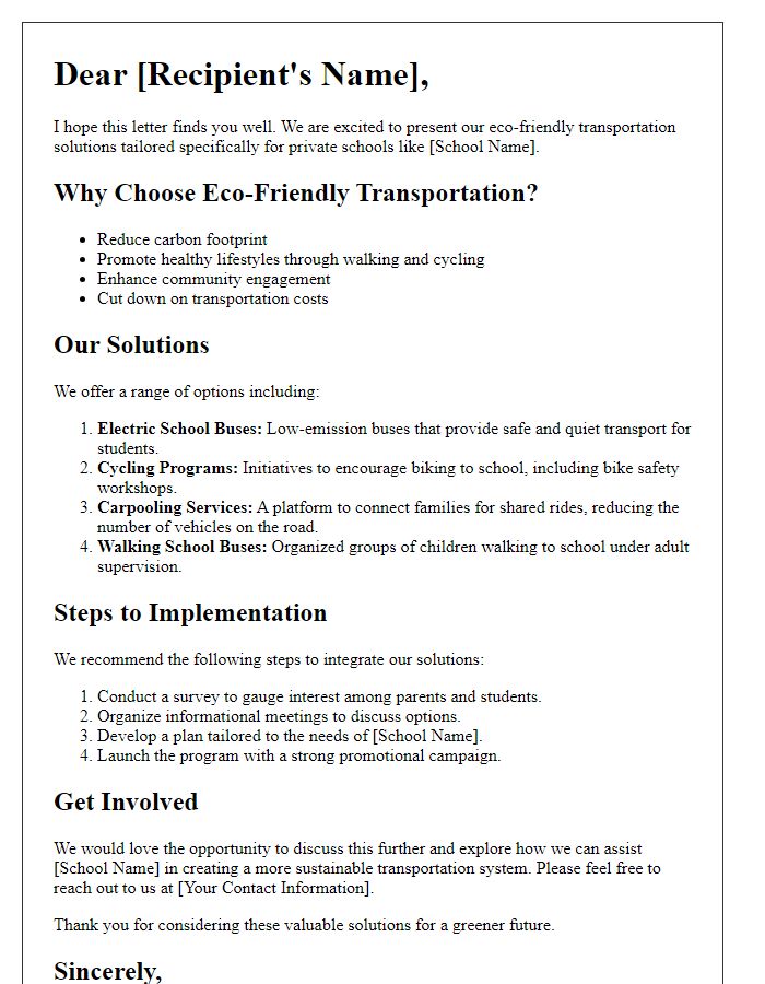 Letter template of eco-friendly transportation solutions for private schools.