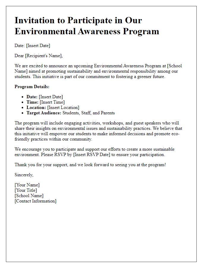 Letter template of environmental awareness program in private schools.