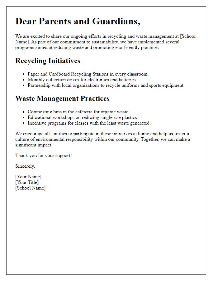 Letter template of private school's recycling and waste management efforts.