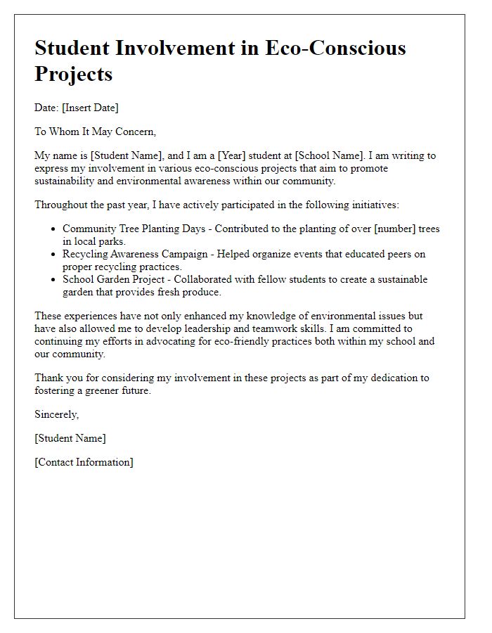 Letter template of student involvement in eco-conscious projects.