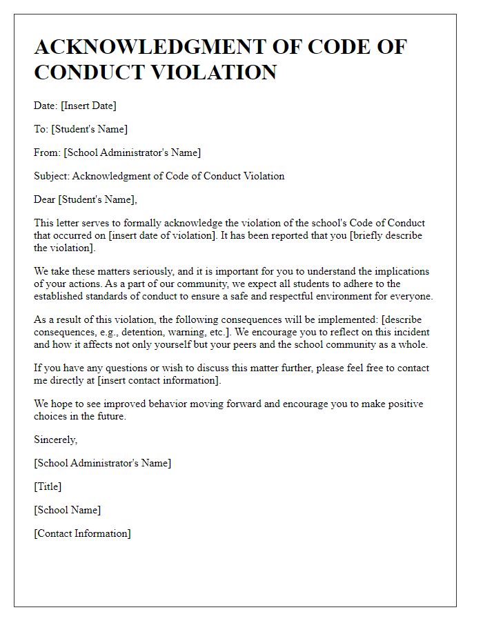 Letter template of acknowledgment of private school code of conduct violation