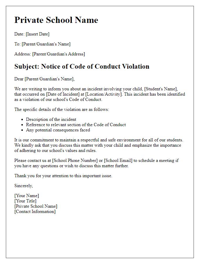 Letter template of notice regarding private school code of conduct violation