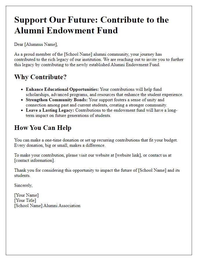 Letter template of benefits from contributing to private school alumni endowment fund.