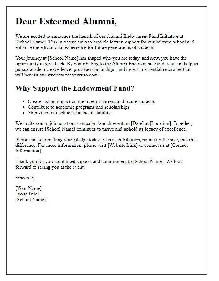 Letter template of campaign launch for private school alumni endowment fund initiative.