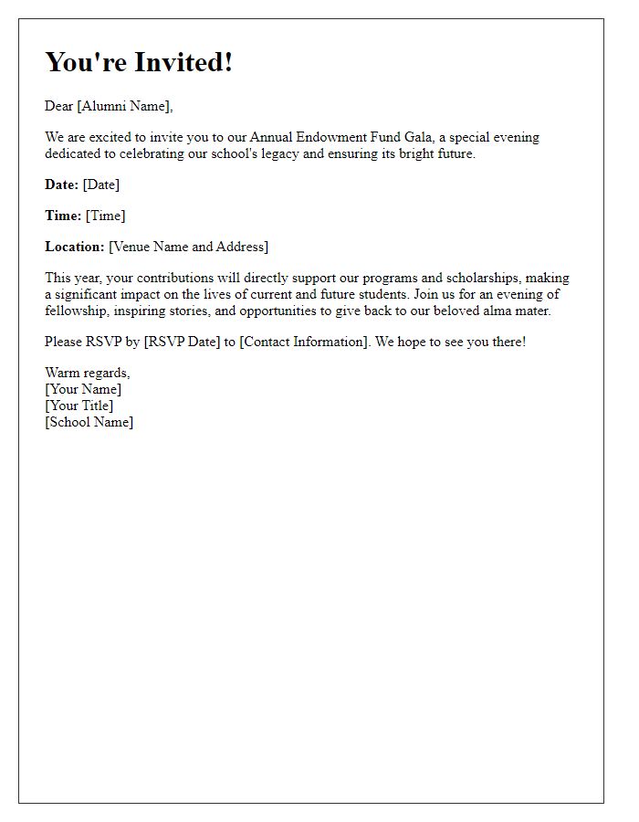 Letter template of invitation to private school alumni for endowment fund gala.