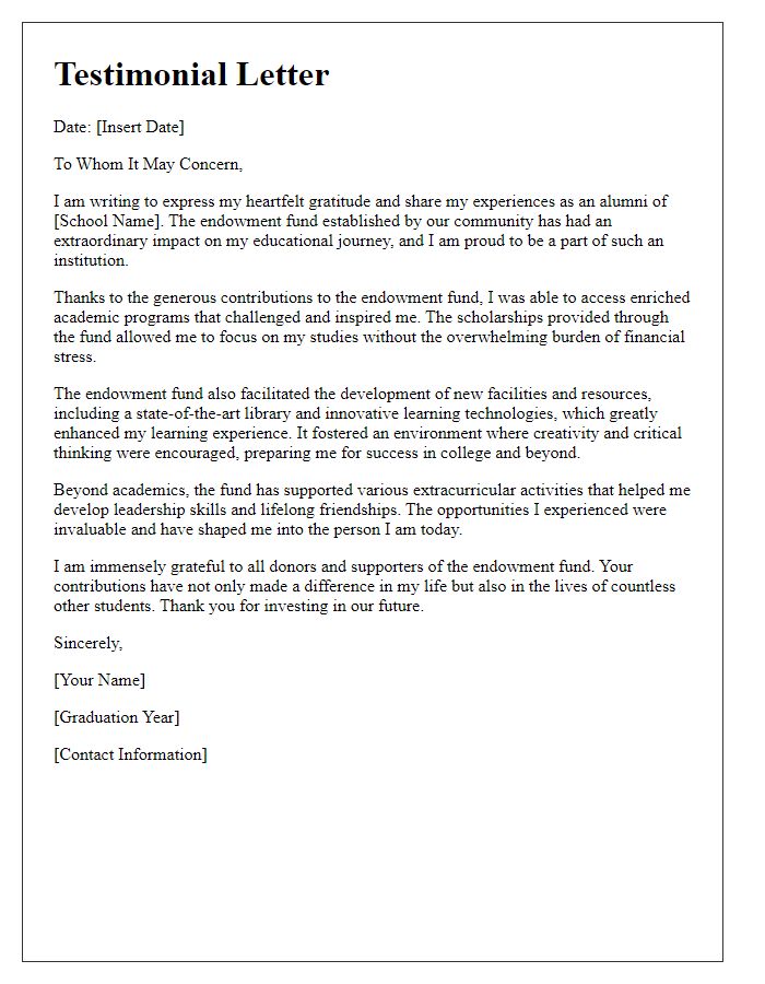 Letter template of testimonials from private school alumni about endowment fund impact.