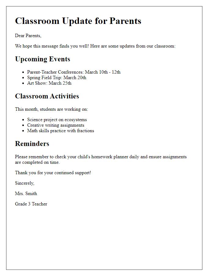 Letter template of classroom updates for parents