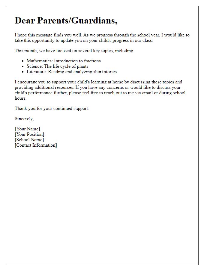 Letter template of formal communication to parents from a private school teacher