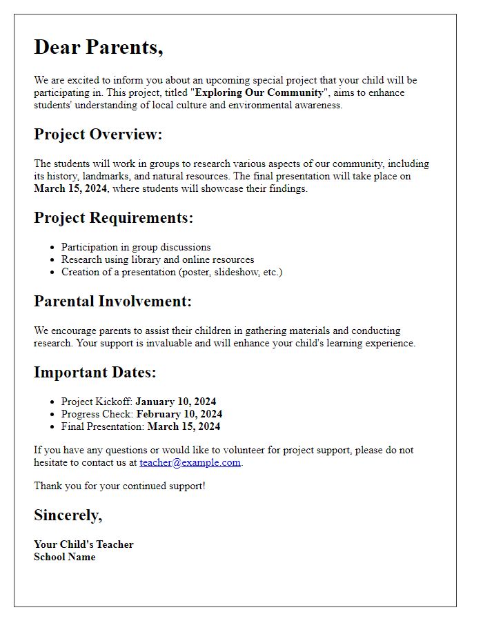 Letter template of special projects or assignments for parents