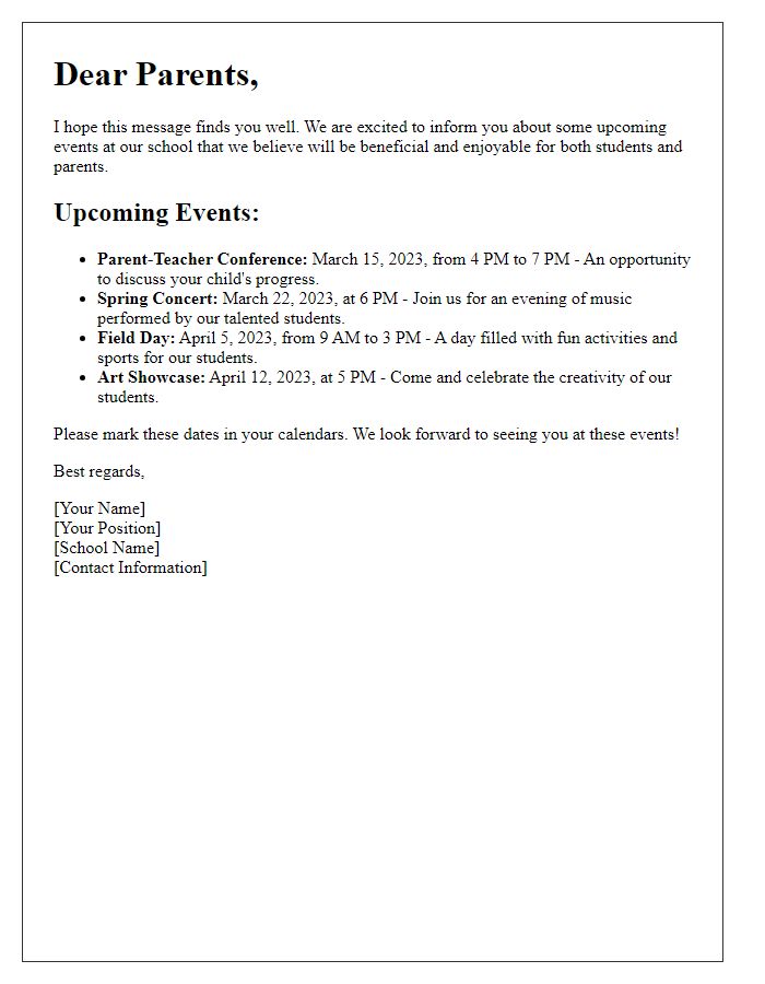 Letter template of upcoming events for parents from a private school teacher