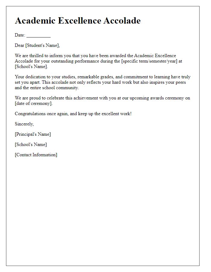 Letter template of private school academic excellence accolade