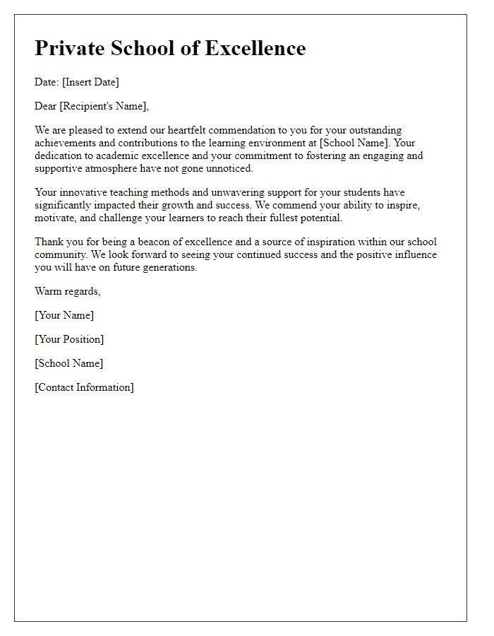 Letter template of private school excellence in learning commendation