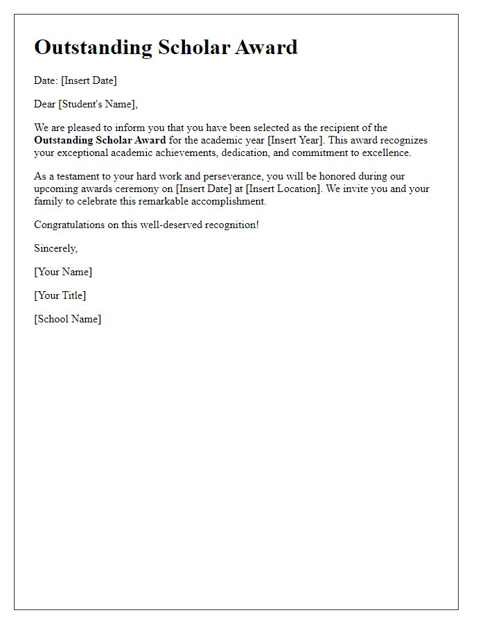 Letter template of private school outstanding scholar award