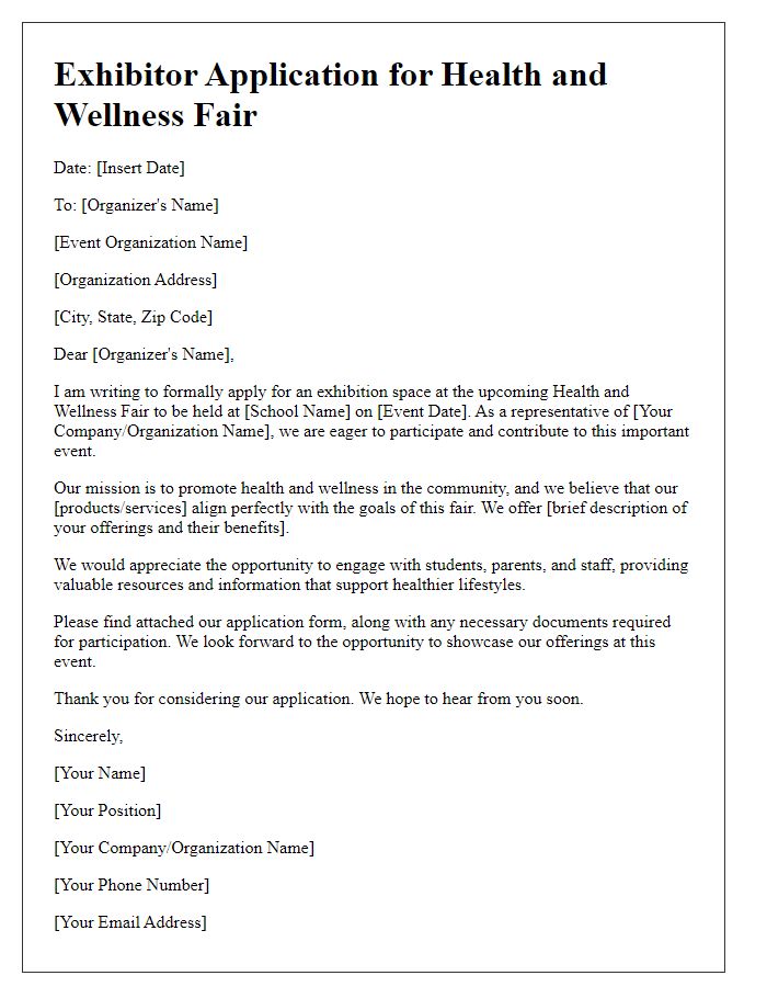 Letter template of exhibitor application for a private school health and wellness fair.