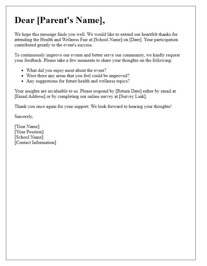 Letter template of feedback request after a private school health and wellness fair.