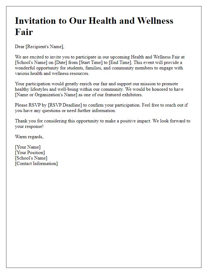 Letter template of invitation to participate in a private school health and wellness fair.