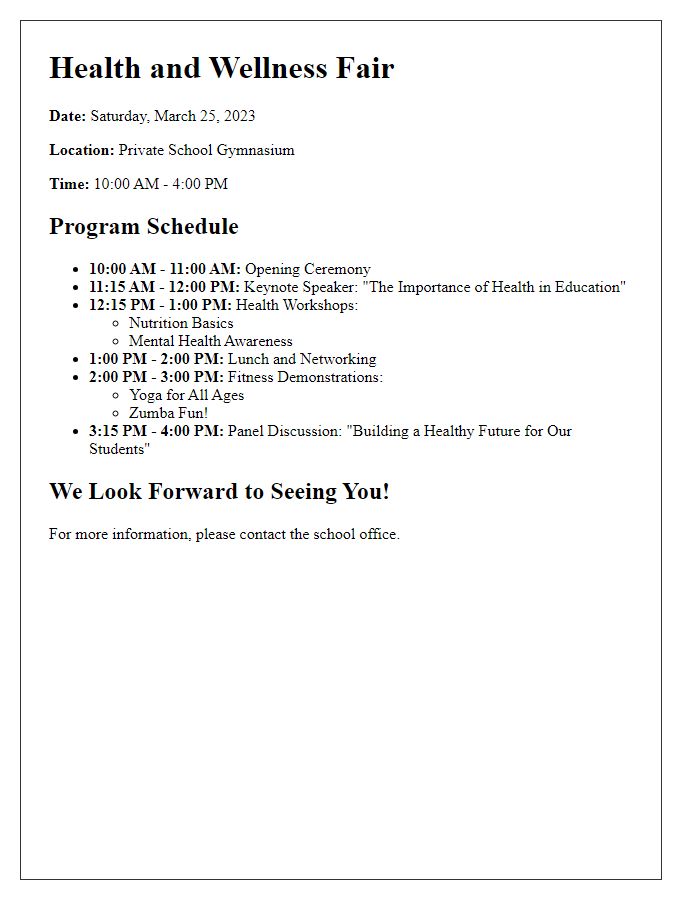 Letter template of program schedule for a private school health and wellness fair.