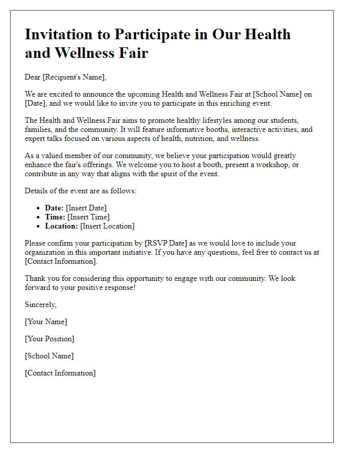 Letter template of promotional outreach for a private school health and wellness fair.