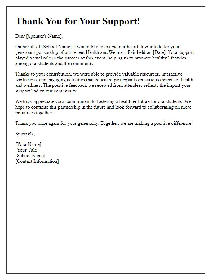 Letter template of thank you to sponsors for a private school health and wellness fair.