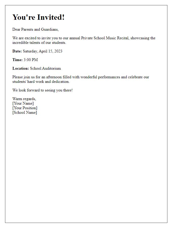 Letter template of Invitation to Our Private School Music Recital