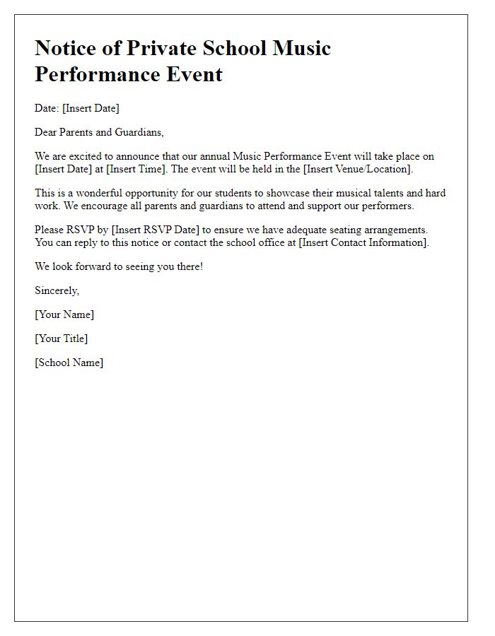 Letter template of Notice for Private School Music Performance Event