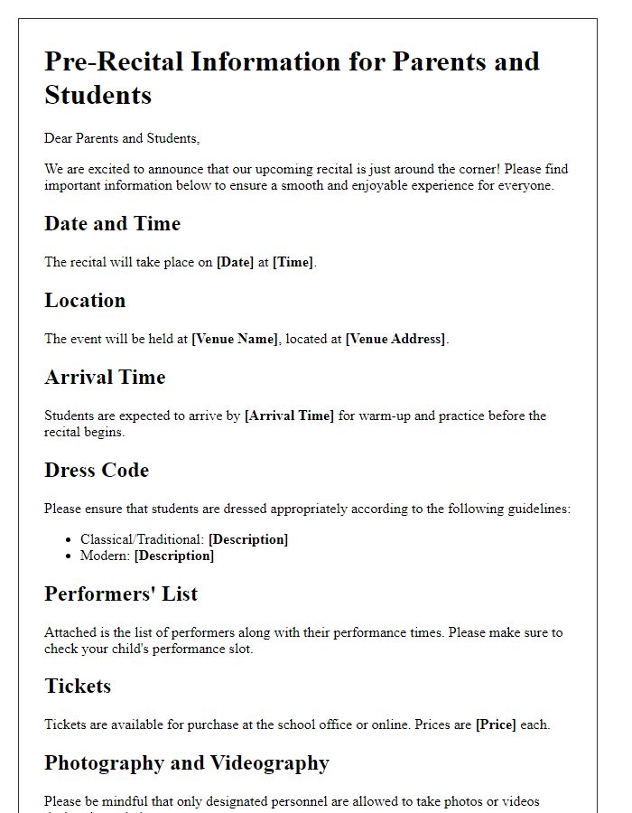 Letter template of Pre-Recital Information for Parents and Students