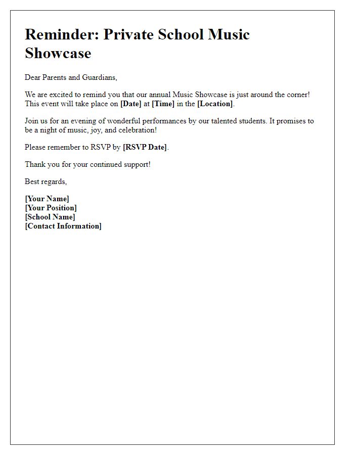 Letter template of Reminder for Our Private School Music Showcase