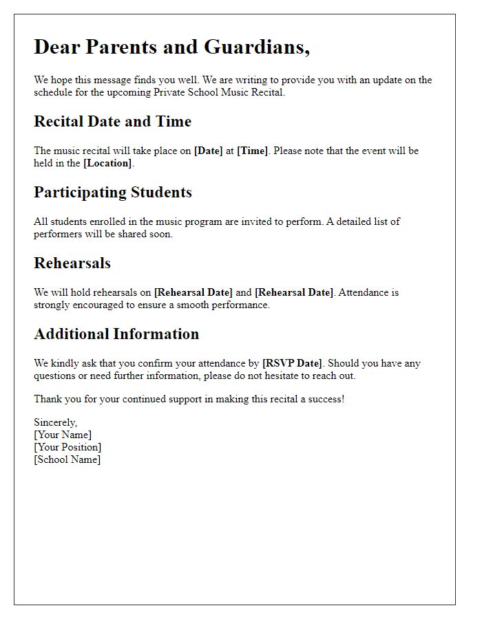 Letter template of Update on the Private School Music Recital Schedule