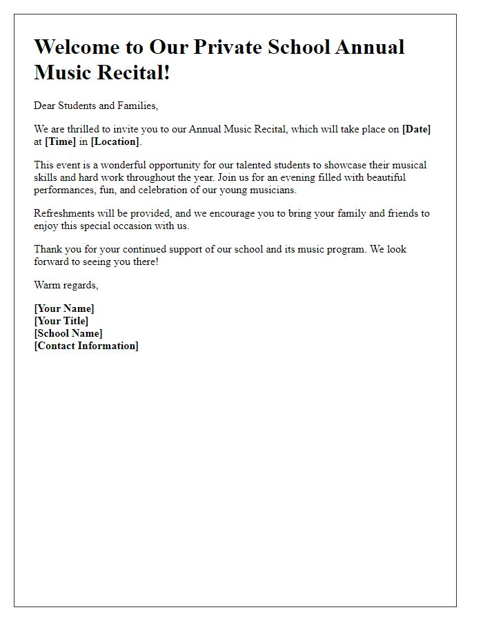 Letter template of Welcome to Our Private School Annual Music Recital