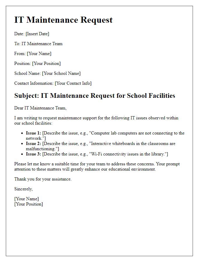 Letter template of IT maintenance request for private school facilities