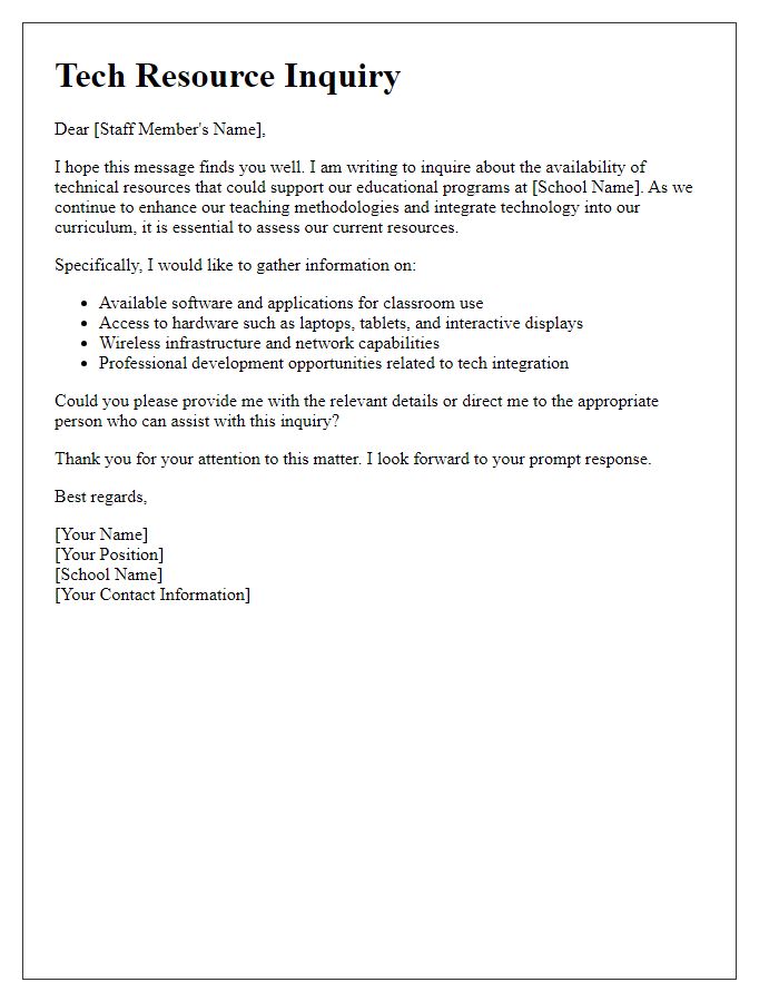 Letter template of tech resource inquiry for private school staff