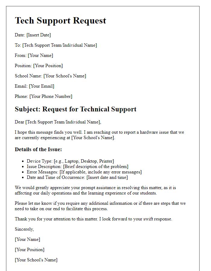 Letter template of tech support request for private school hardware issues