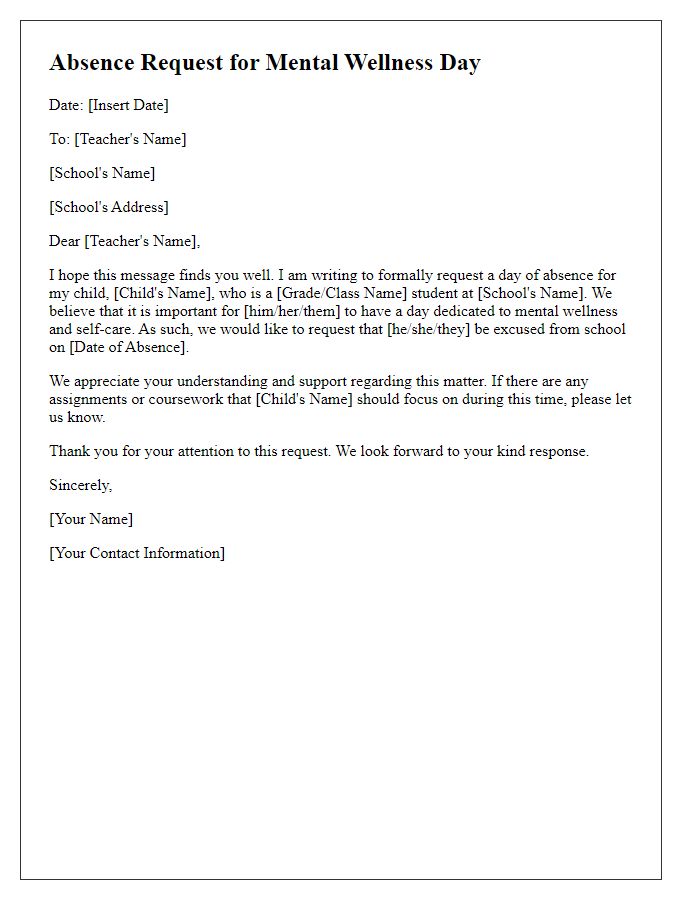 Letter template of absence request for mental wellness day for private school students