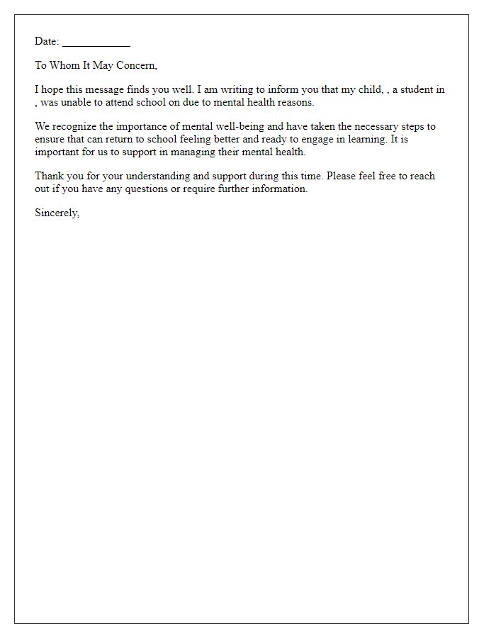 Letter template of excuse letter for mental health day absence for private school students