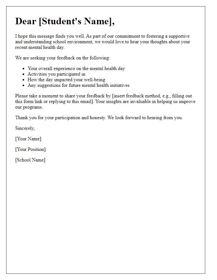 Letter template of feedback request after mental health day for private school students