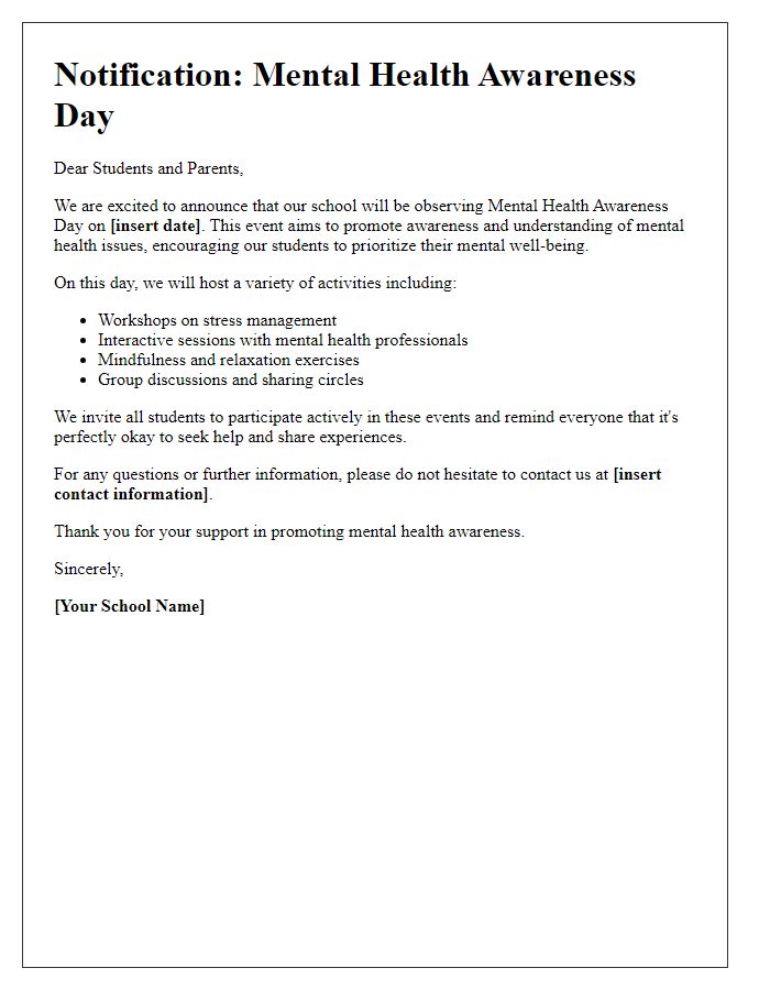 Letter template of notification for mental health awareness day for private school students