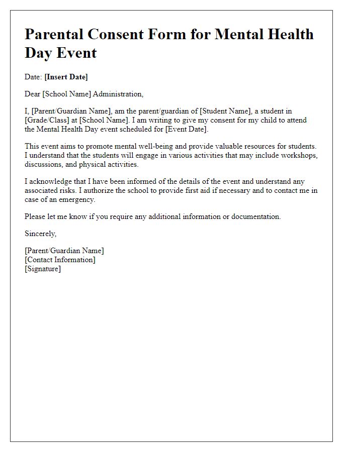 Letter template of parental consent for students attending mental health day events in private schools