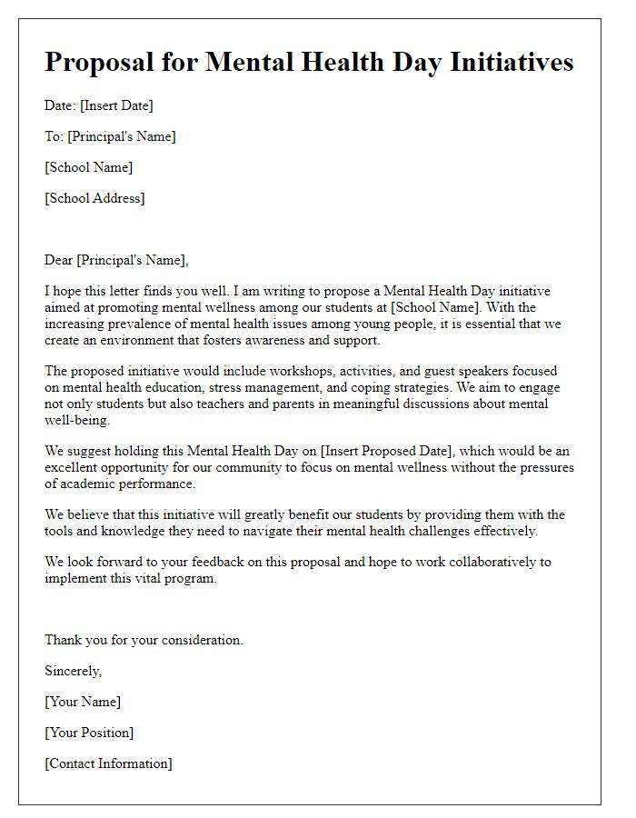 Letter template of proposal for mental health day initiatives for private school students