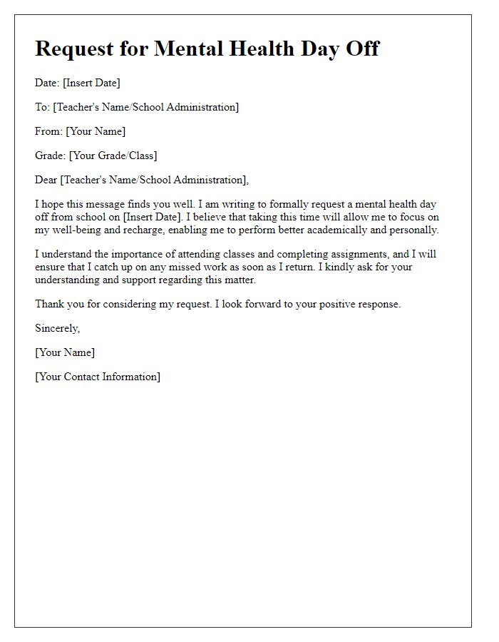 Letter template of request for mental health day off for private school students