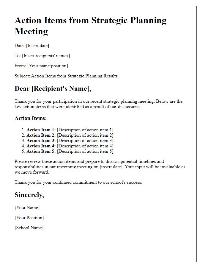 Letter template of action items for private school strategic planning results