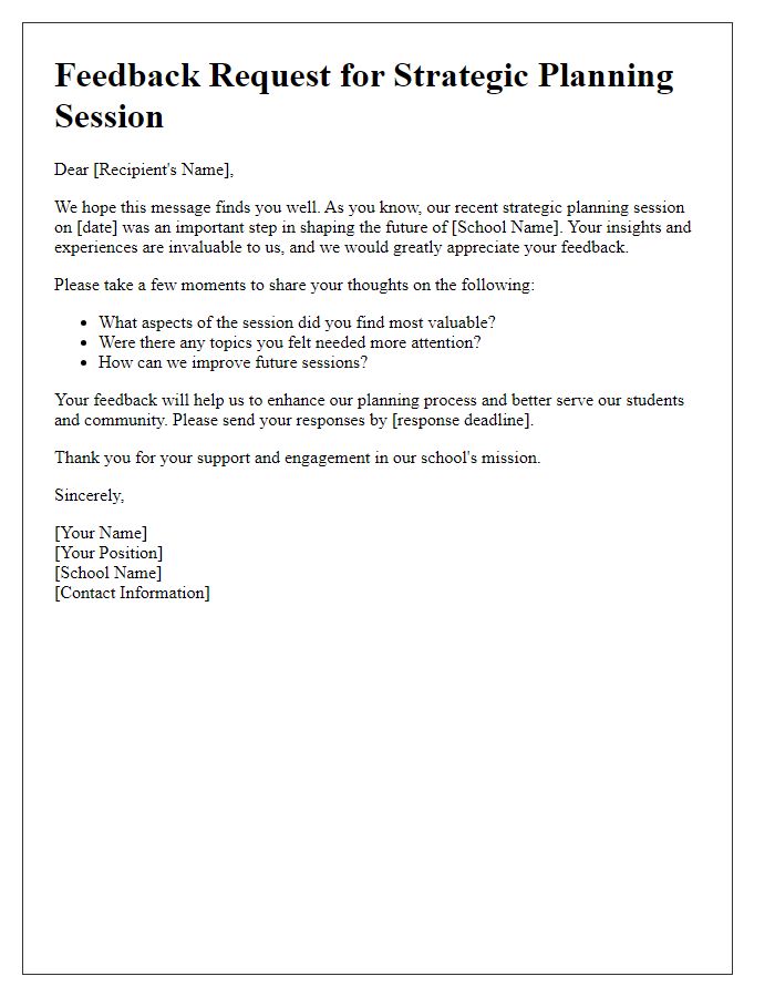 Letter template of feedback request for private school strategic planning session