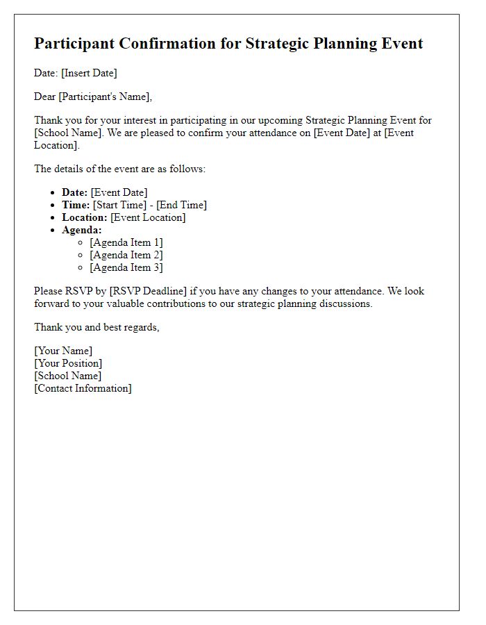 Letter template of participant confirmation for private school strategic planning event