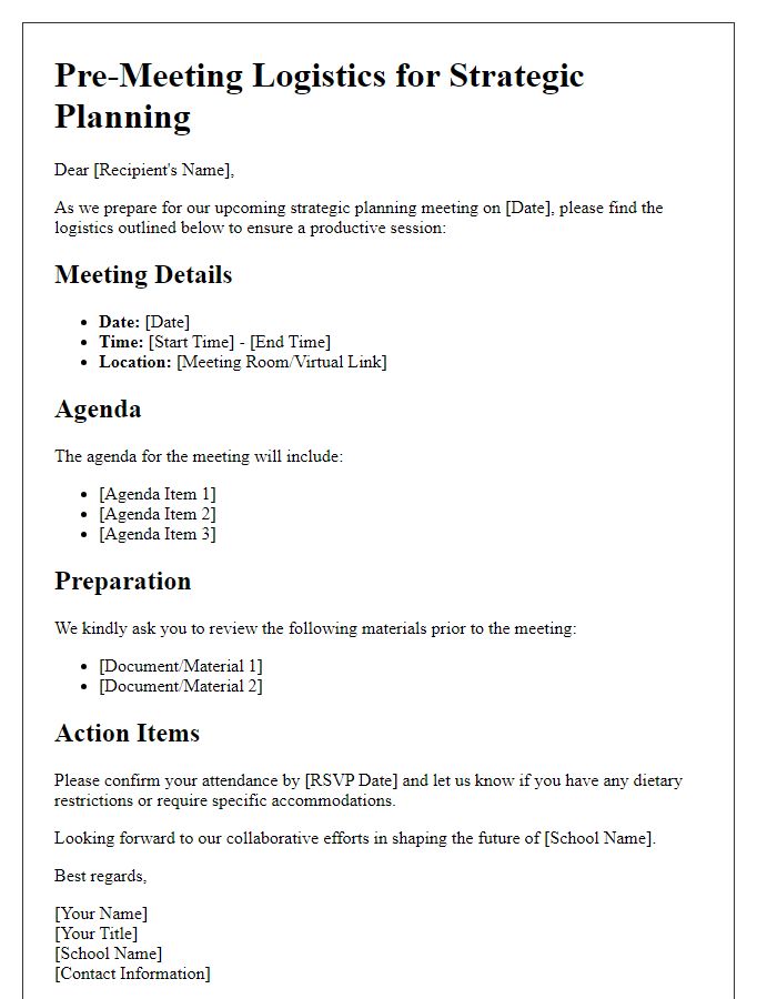 Letter template of pre-meeting logistics for private school strategic planning