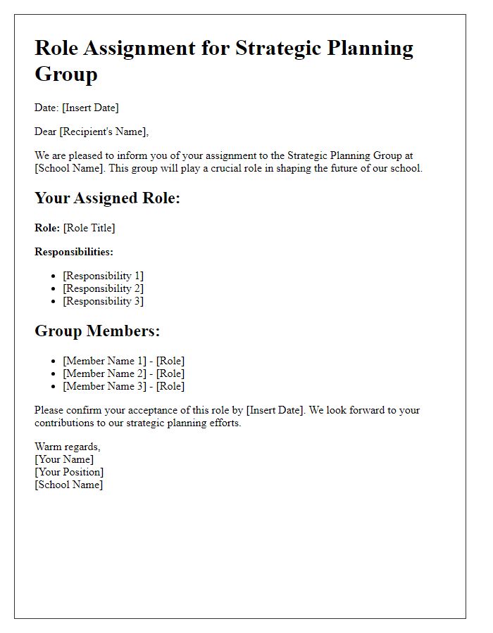 Letter template of role assignments for private school strategic planning group