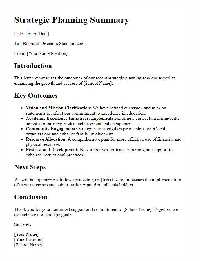 Letter template of summary for private school strategic planning outcomes