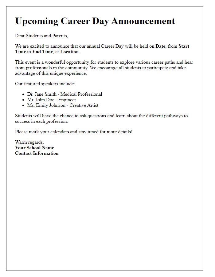 Letter template of announcement for upcoming private school career day