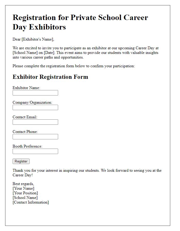 Letter template of registration for private school career day exhibitors